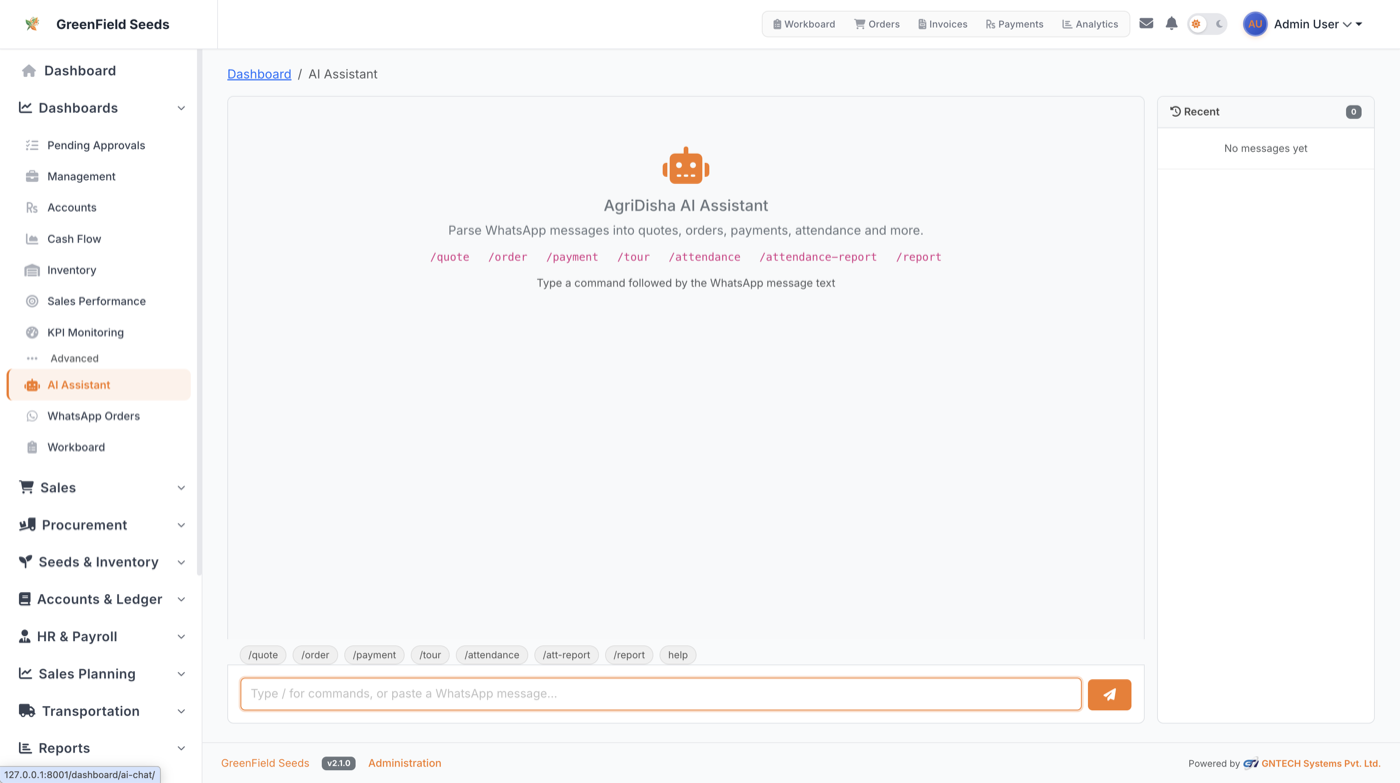 AgriDisha AI assistant for parsing WhatsApp messages into quotes, orders, payments, and attendance
