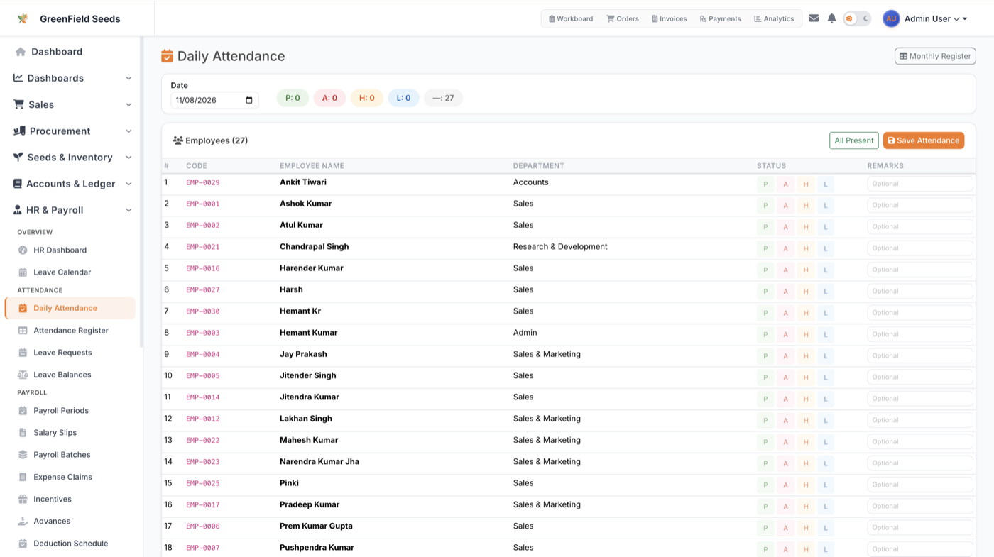 AgriDisha daily attendance tracking with employee list, department, and status management