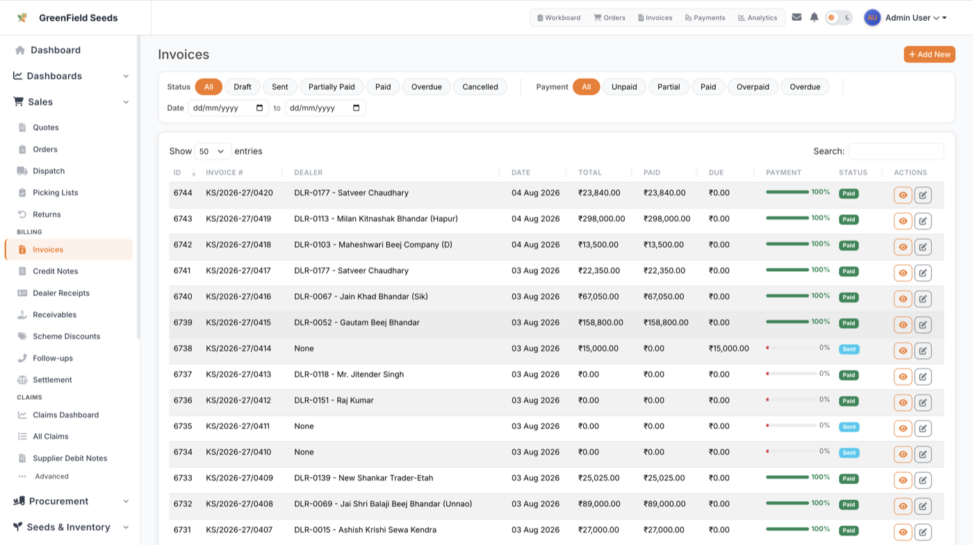 AgriDisha GST-compliant invoice listing with payment progress bars and status tracking