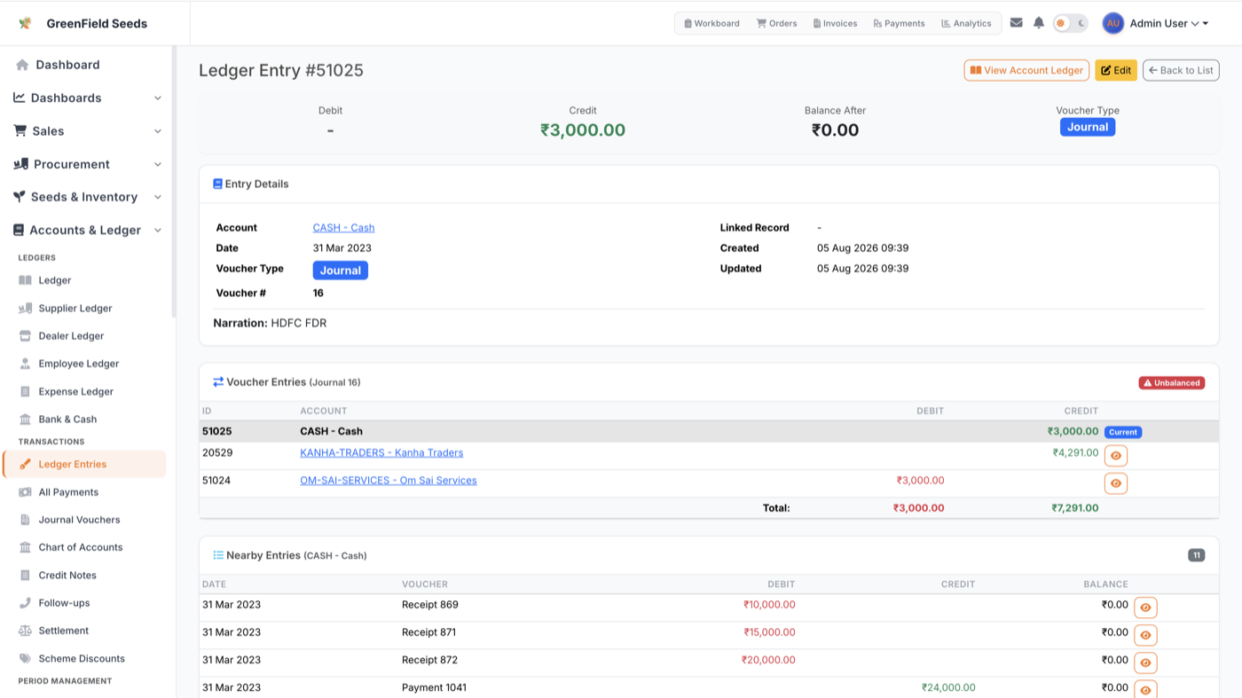 AgriDisha ledger entries showing journal vouchers, payments, and transaction reconciliation