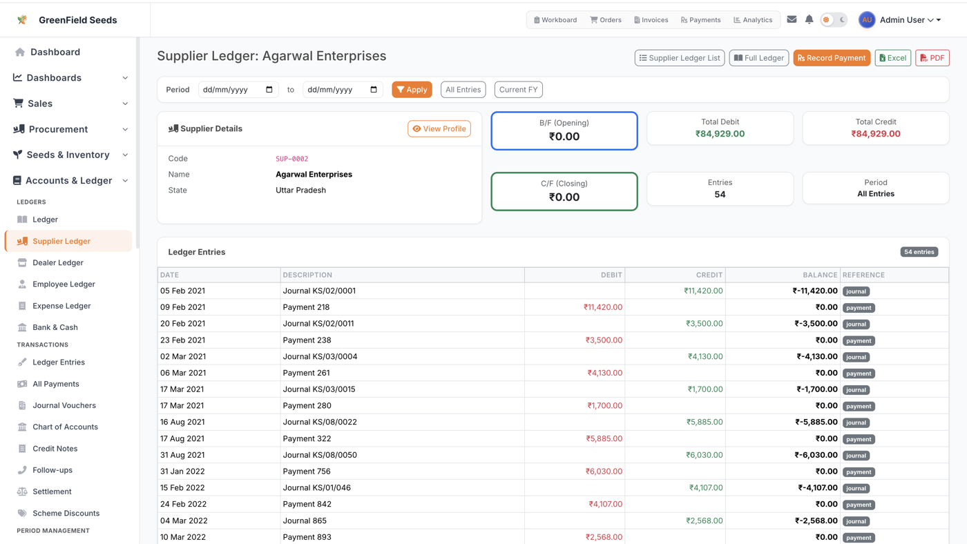 AgriDisha supplier ledger with Tally-style debit credit entries and running balances