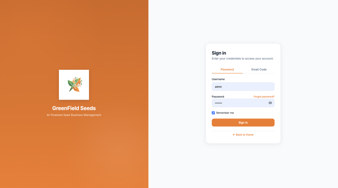 AgriDisha secure login page with password and email code authentication options