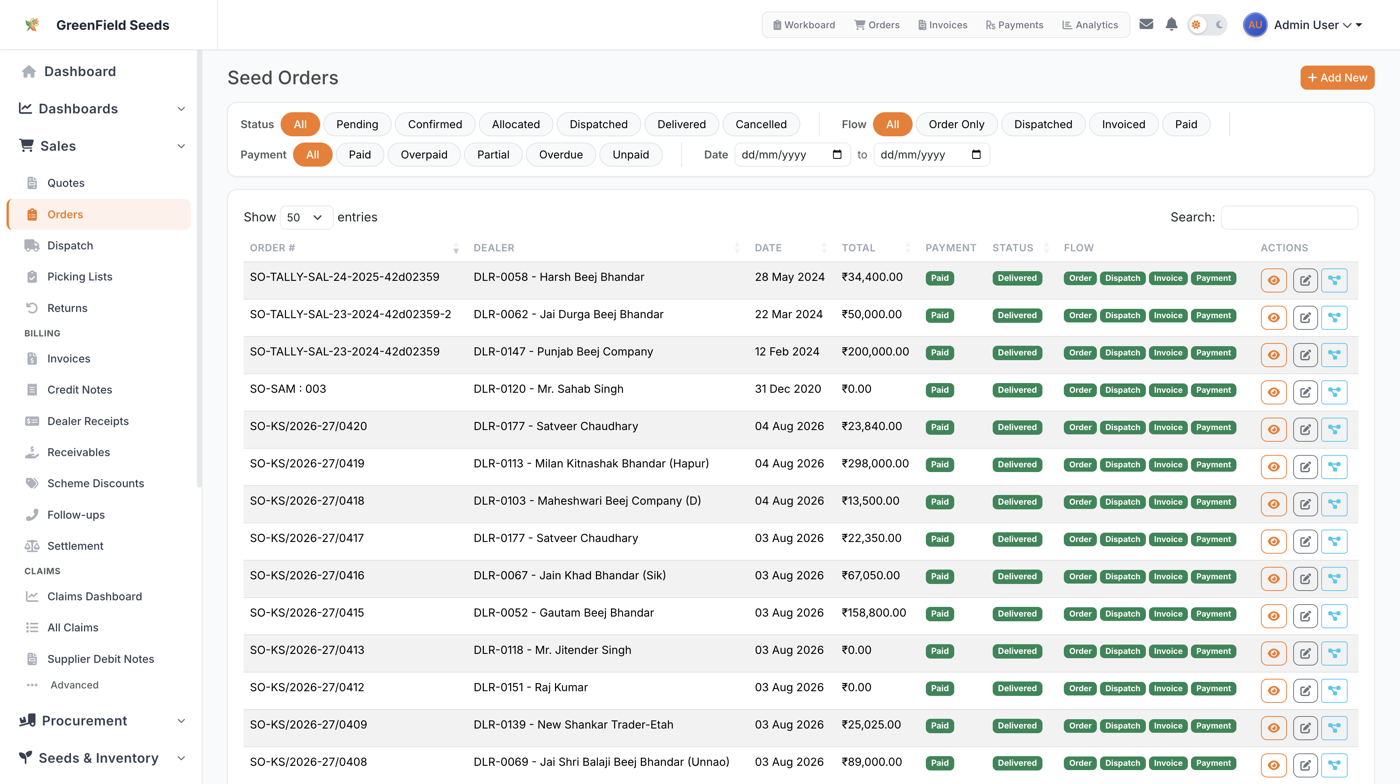 AgriDisha seed orders list with status filters, payment tracking, and order flow pipeline